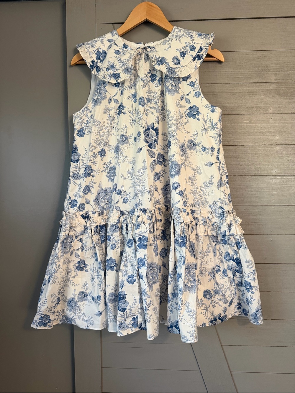 Blue Floral Ruffle-Yoke Dress 100% Cotton